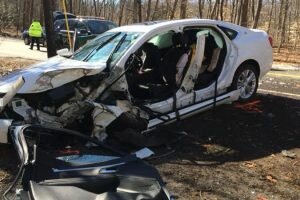 The Easton Volunteer Fire Department cut off the car doors to extricate the driver, and emergency medical workers took him to the hospital with unknown injuries. — Easton Police Department photo